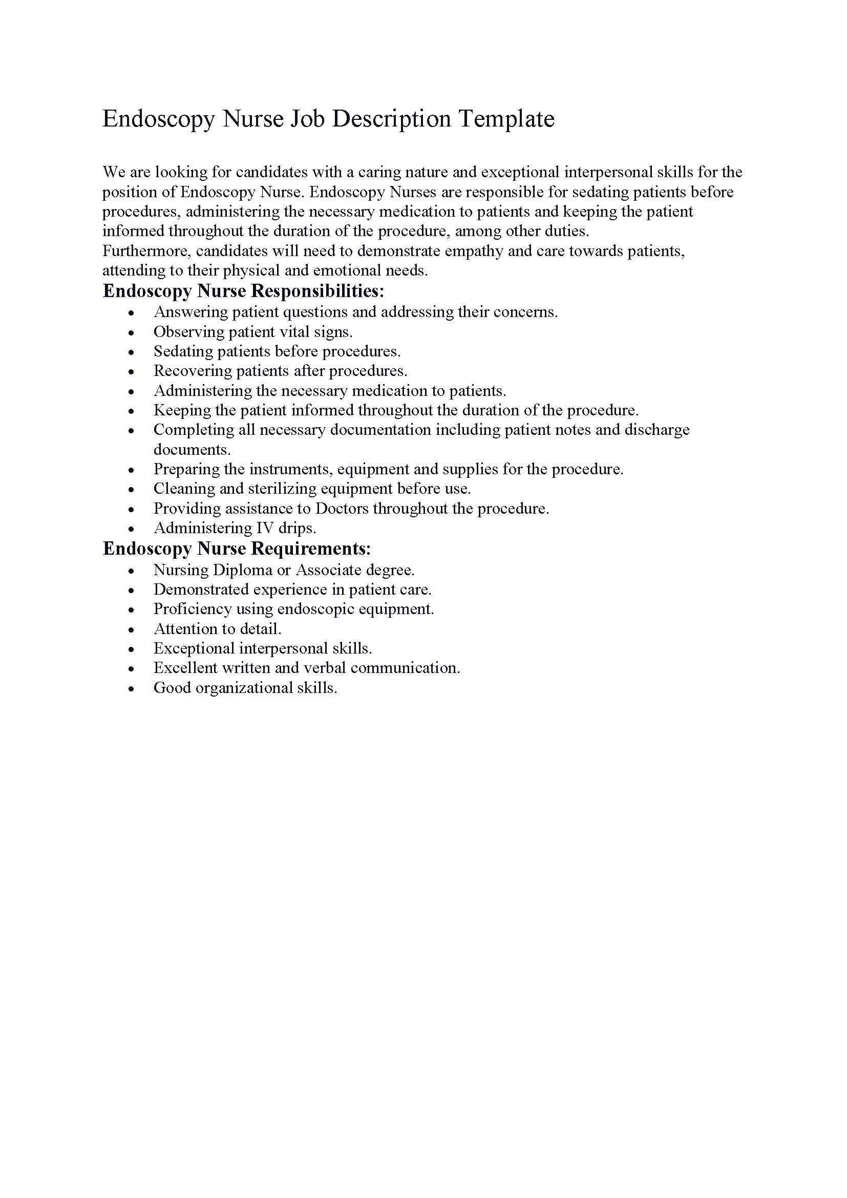 Endoscopy Nurse Job Description Template